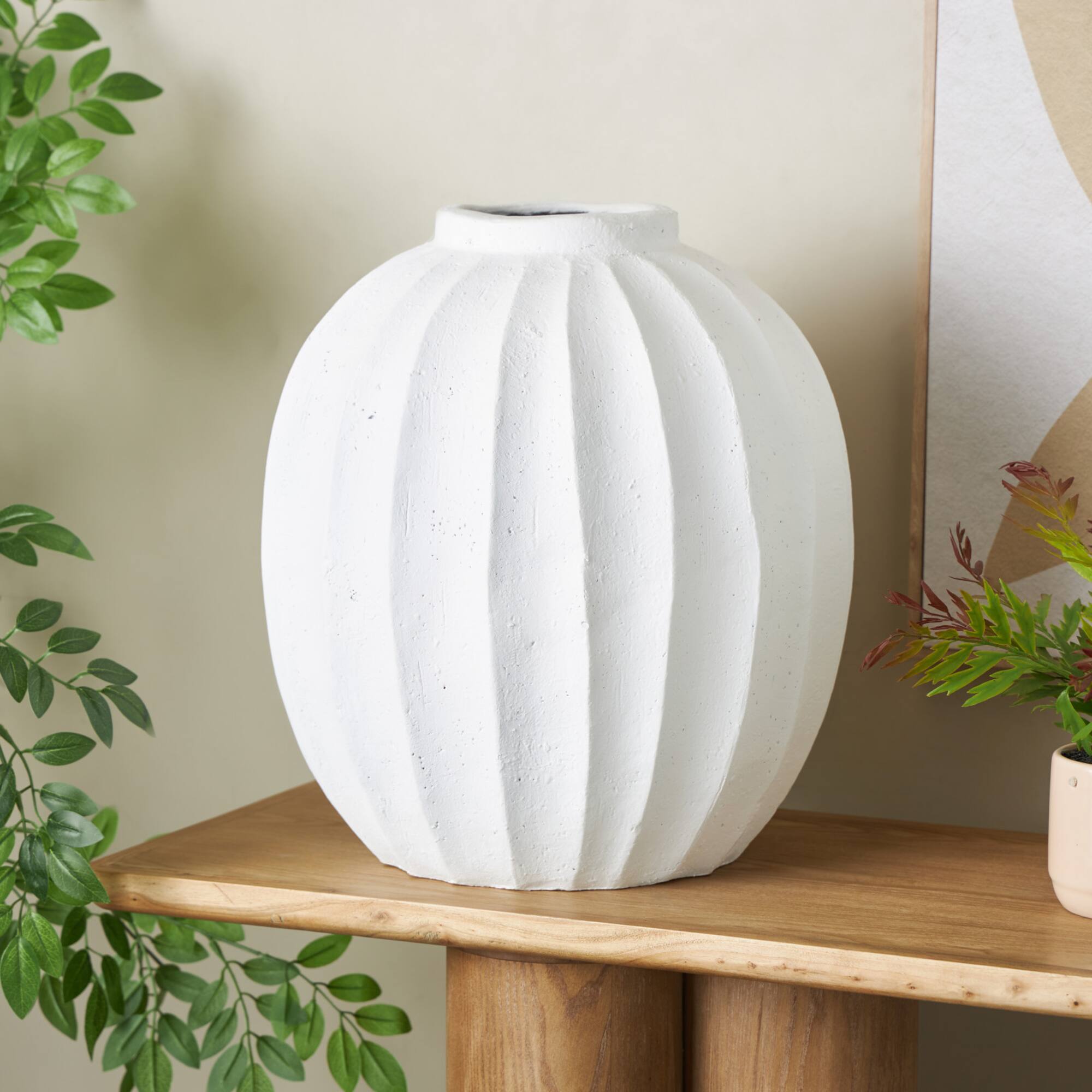 17.75" White Wide Magnesium Oxide Vase with Carved Grooves